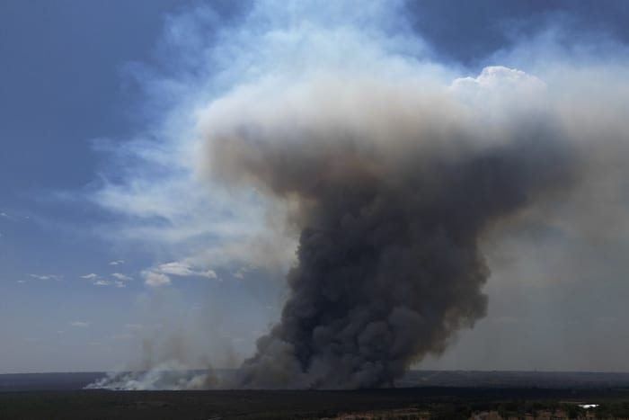 Braziliaanse brandweerlieden bestrijden bosbrand in nationaal park die Brasilia in rook hult