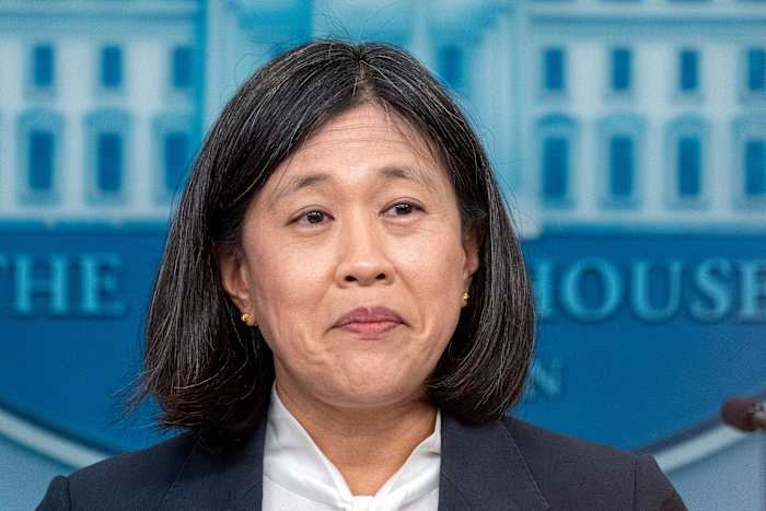 BESTAND - De Amerikaanse handelsvertegenwoordiger Katherine Tai spreekt met verslaggevers in de James Brady Press Briefing Room in het Witte Huis, 14 mei 2024, in Washington. (AP Foto/Alex Brandon, Bestand)