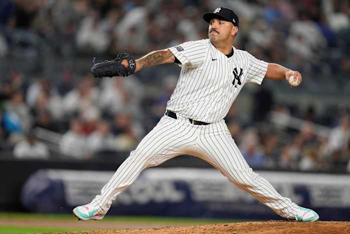 BESTAND - New York Yankees-werper Nestor Cortes gooit tijdens de vierde inning van een honkbalwedstrijd tegen de Boston Red Sox in het Yankee Stadium op donderdag 12 september 2024 in New York. (AP Foto/Seth Wenig, bestand)