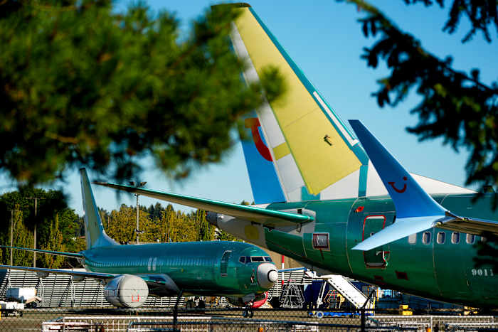 BESTAND - Ongeverfde Boeing 737 Max-vliegtuigen zijn te zien op 24 september 2024 in de bedrijfsfaciliteiten in Renton, Washington. (AP Photo/Lindsey Wasson, File)