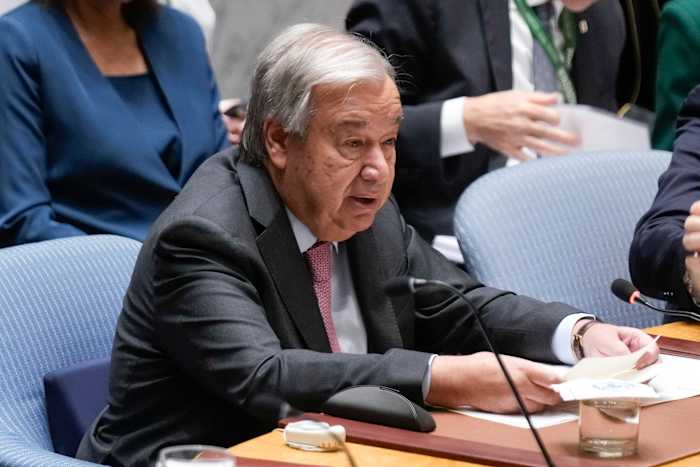 BESTAND - Secretaris-generaal van de Verenigde Naties Antonio Guterres spreekt tijdens een bijeenkomst van de Veiligheidsraad op het hoofdkwartier van de Verenigde Naties, woensdag 25 september 2024. (AP Photo/Seth Wenig, File)
