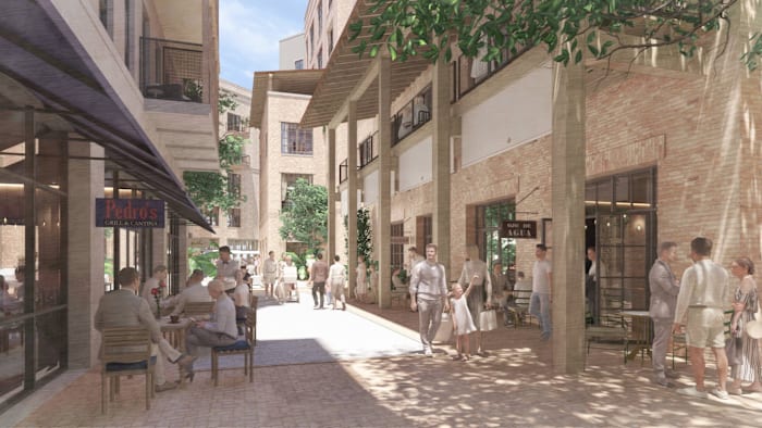 Binnenplaatsen en toegangsruimten voor voetgangers zullen deel uitmaken van het ontwerp van Southtown Aldea.