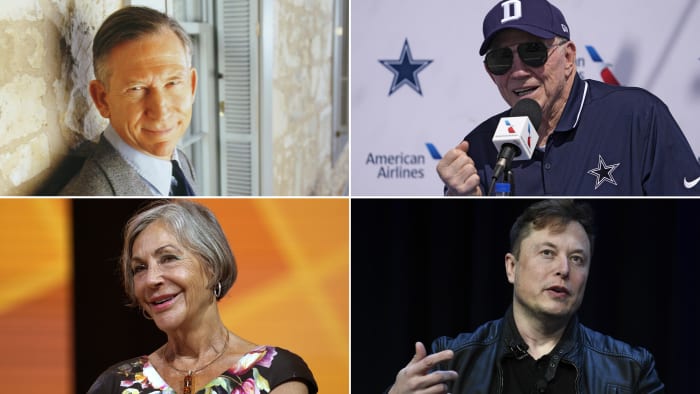 Charles Butt, Jerry Jones, Alice Walton en Elon Musk behoren tot de Texaanse miljardairs in de Forbes top 400 van rijkste mensen op de Amerikaanse lijst. Fotocredits (met de klok mee, vanaf linksboven): HEB; AP Foto/Mark J. Terrill; AP Foto/Susan Walsh; Rick T. Wilking/Getty Images.