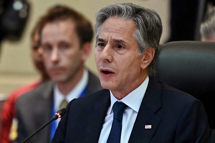 De Amerikaanse minister van Buitenlandse Zaken Antony Blinken spreekt op de 12e ASEAN-VS-top in Vientiane op vrijdag 11 oktober 2024. (Tang Chhin Sothy/Pool Photo via AP)