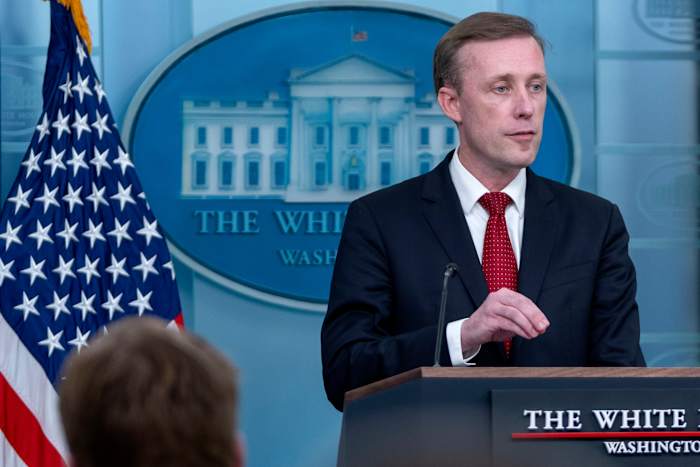 De nationale veiligheidsadviseur van het Witte Huis, Jake Sullivan, spreekt dinsdag 1 oktober 2024 tijdens een persconferentie in het Witte Huis in Washington. (AP-foto/Mark Schiefelbein)