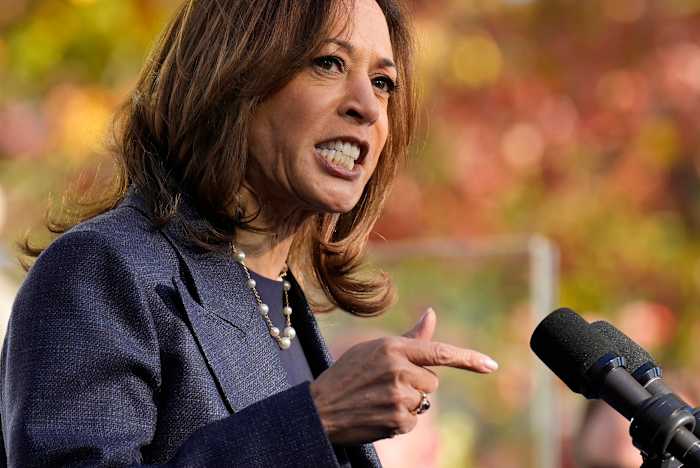 Democratische presidentskandidaat vice-president Kamala Harris spreekt tijdens een campagne-evenement in Washington Crossing Historic Park, woensdag 16 oktober 2024, in Washington Crossing, Pennsylvania. (AP Photo/Jacquelyn Martin)