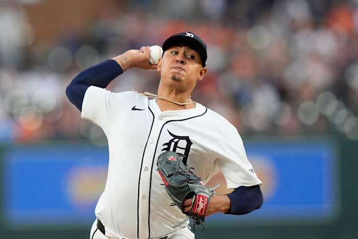 Detroit Tigers startende werper Keider Montero gooit tijdens de tweede inning van een honkbalwedstrijd tegen de Tampa Bay Rays, woensdag 25 september 2024, in Detroit. (AP Foto/Carlos Osorio)