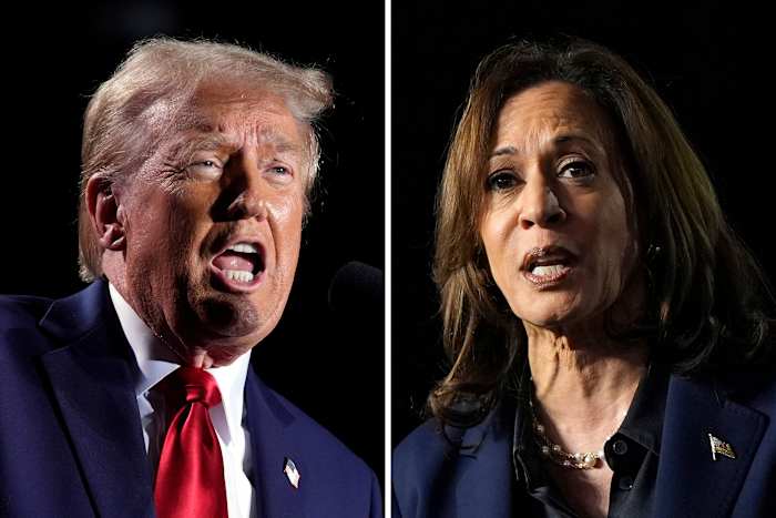 Deze combinatie van bestandsfoto's toont de Republikeinse presidentskandidaat, voormalig president Donald Trump, links, sprekend tijdens een campagnebijeenkomst op 18 oktober 2024 in Detroit, en de Democratische presidentskandidaat vice-president Kamala Harris, rechts, sprekend tijdens een campagnebijeenkomst in Green Bay , Wisconsin, 17 oktober 2024. (AP foto)