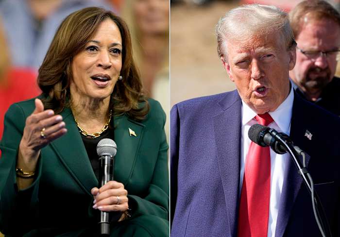 Deze combinatie van foto's genomen op maandag 21 oktober 2024 toont de Democratische presidentskandidaat vice-president Kamala Harris die spreekt tijdens een gemeentehuis in Malvern, Pennsylvania, links, en de Republikeinse presidentskandidaat voormalig president Donald Trump die opmerkingen maakt over de orkaan Helene in Swannanoa. NC. (AP-foto)