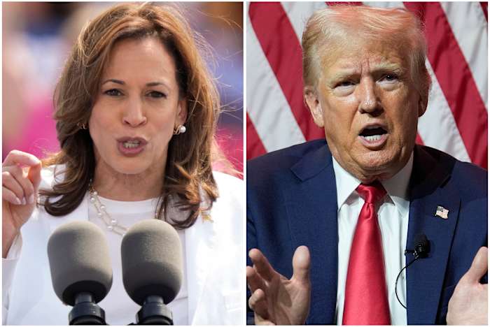 Deze combinatie van foto's toont vice-president Kamala Harris, links, op 7 augustus 2024 en de Republikeinse presidentskandidaat, voormalig president Donald Trump, op 31 juli 2024. (AP Photo/Charles Rex Arbogast)
