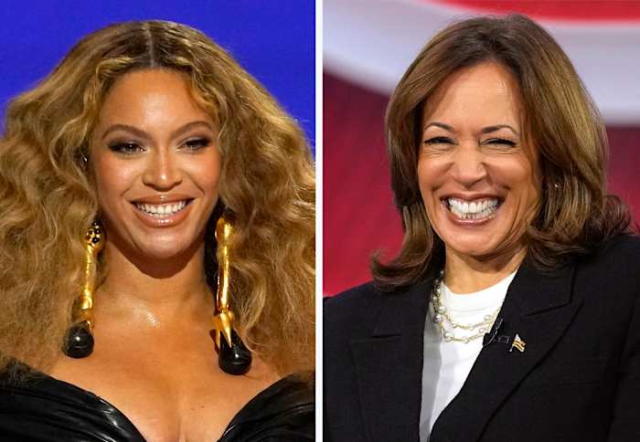 Deze combinatiefoto toont Beyonce bij de Grammy Awards in Los Angeles, 14 maart 2021, links, en de Democratische presidentskandidaat vice-president Kamala Harris in een gemeentehuis van CNN in Aston, Pennsylvania, 23 oktober 2024. (AP Photo)