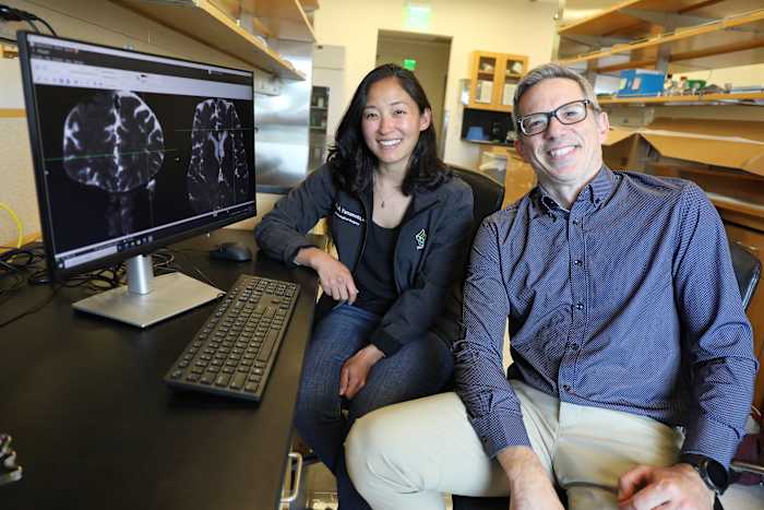 Deze ongedateerde foto is afkomstig van de Oregon Health & Science University toont in oktober 2024 Drs. Erin Yamamoto, links, en Juan Piantino, die speciale beeldvorming gebruikten om een ​​lang vermoed pad te ontdekken dat het menselijk brein gebruikt om afval op te ruimen. (Christine Torres Hicks/OHSU via AP)