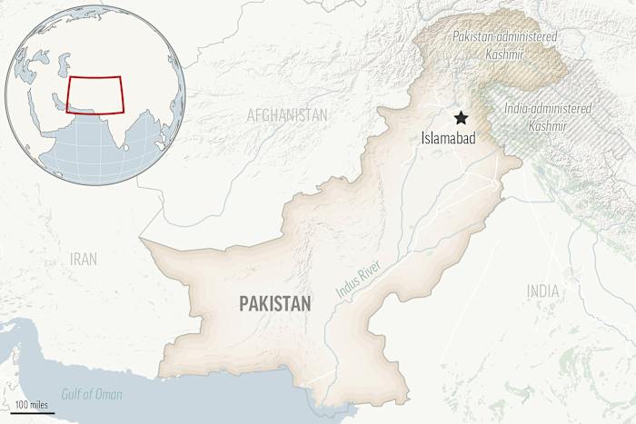 Dit is een locatiekaart voor Pakistan met zijn hoofdstad Islamabad en de regio Kasjmir. (AP-foto)