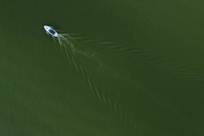 Een boot vaart door Lake Erie tijdens een algenbloei, maandag 26 augustus 2024, in Maumee Bay State Park in Oregon, Ohio. (AP Foto/Joshua A. Bickel)
