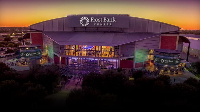 Een weergave van hoe de feesttent en bewegwijzering van het Frost Bank Center eruit zullen zien. Met dank aan: Spurs Sports & Amusement