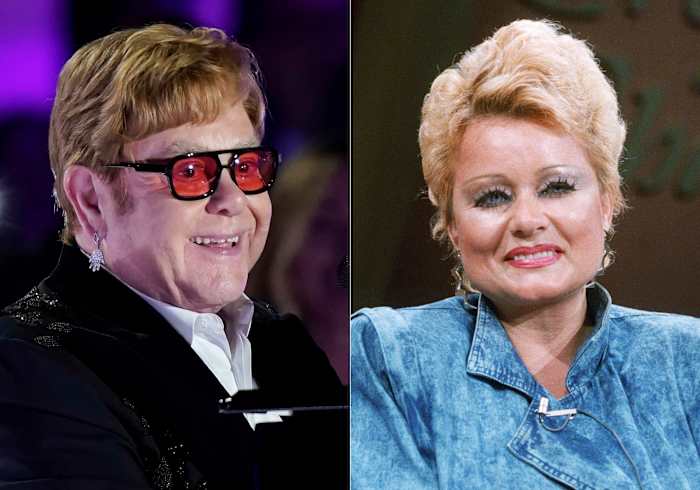 Elton John treedt op 23 september 2022 op op de South Lawn van het Witte Huis in Washington, links, en Tammy Faye Bakker verschijnt tijdens de opnames van een infomercial in 1987. (AP Photo)