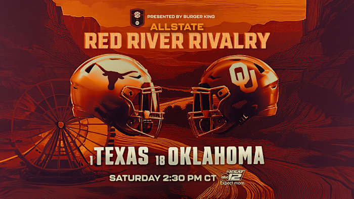 Nr. 1 Texas en nr. 18 Oklahoma zullen het tegen elkaar opnemen in hun jaarlijkse wedstrijd in Dallas. Ze spelen zaterdag om 14.30 uur op KSAT.