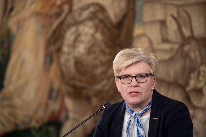 Premier Ingrida imonyt spreekt op een persconferentie na een eerste ronde van de Litouwse parlementsverkiezingen, in Vilnius, Litouwen, maandag 14 oktober 2024. (AP Photo/Mindaugas Kulbis)