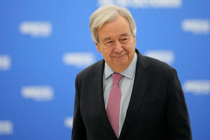Secretaris-generaal van de Verenigde Naties Antonio Guterres arriveert op de BRICS-top in Kazan, Rusland, donderdag 24 oktober 2024. (AP Photo/Alexander Zemlianichenko, Pool)
