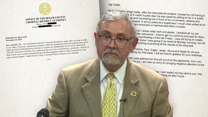 De officier van justitie van Bexar County neemt ontslag, zegt dat Gonzales tegen hem schreeuwde over werkkleding