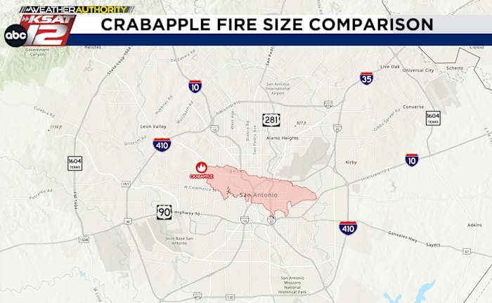Kaart: Crabapple Fire Grootte vergeleken met San Antonio