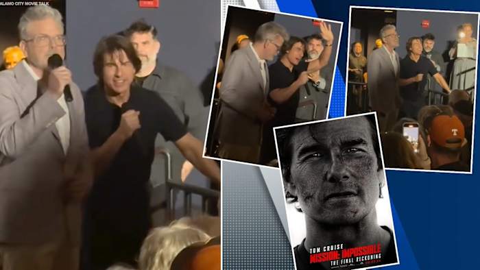 Tom Cruise verrast bioscoopbezoekers in het centrum van San Antonio Theatre voor 'Mission: Impossible' release