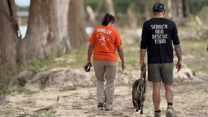 De 4-jarige hond vertegenwoordigt vastberadenheid, sluiting in het herstel van het overstroming van Hill Country