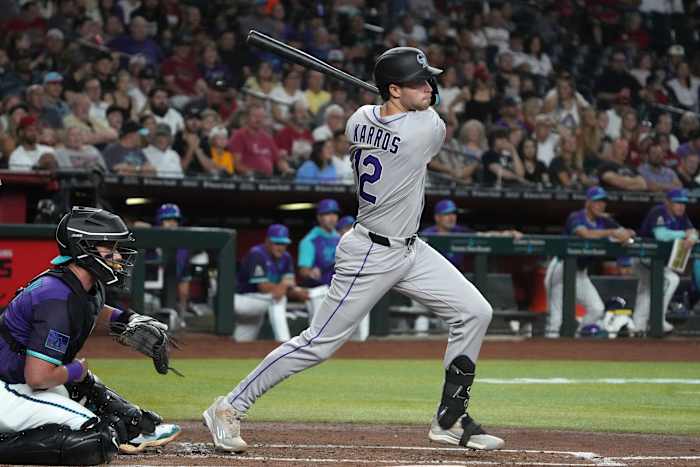 Kyle Karros, zoon van 1992 Nl Rookie of the Year Eric Karros, raakt RBI-single in eerste MLB at-bat