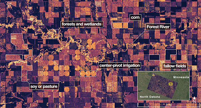 Eerste radarbeelden van nieuwe aarde-mapping satellietshowcase Maine Coast en North Dakota landbouwgrond