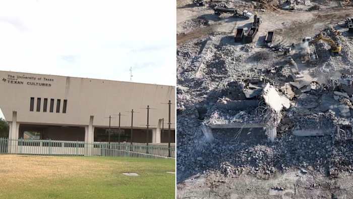 Tot puin gereduceerd: nieuwe dronebeelden leggen de kleine linkerkant van het ITC-gebouw in het centrum van San Antonio vast