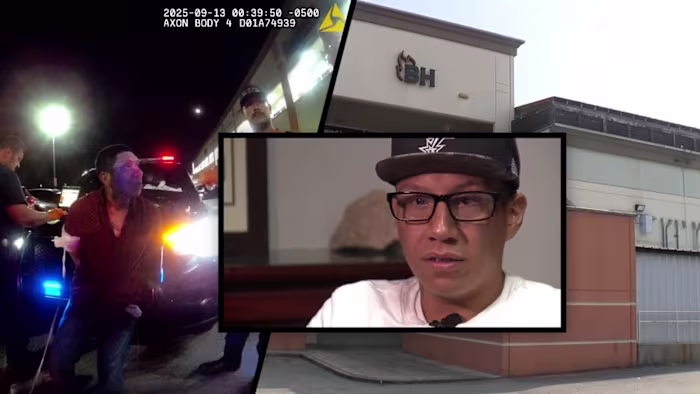 De blinde man zegt dat de beveiliging hem van de trap heeft geduwd en hem heeft geslagen op de parkeerplaats van de North Side-bar