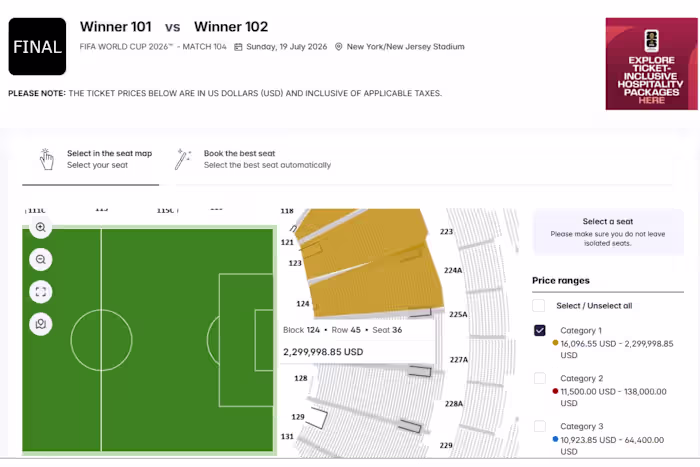 Op de doorverkoopsite van de FIFA staan ​​vier kaartjes voor de WK-finale voor ruim $ 2 miljoen