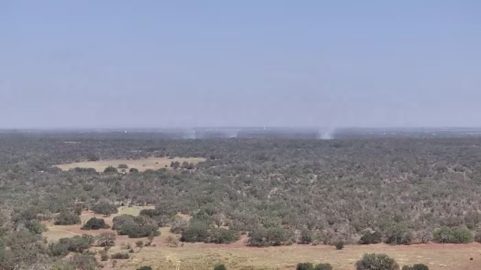 Meerdere brandweerlieden, Texas A&M Forest Service, bestrijden grasbrand van 350 hectare in Atascosa County